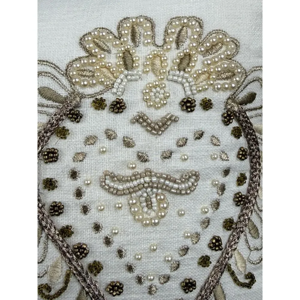 Pier 1 Throw Pillow Rectangular Linen Silk Beaded Pearl Ivory Gold Boho Chic